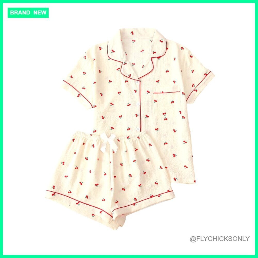 Soft Polyester Pajama Set Button Down Top Shorts Lounge Sleepwear Small
